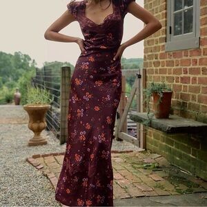 Free People Burgundy Floral Lace-Trim Maxi Dress